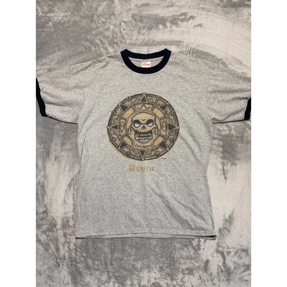 Disney Pirates of the Caribbean T-Shirt Mens L Gray Ringer Aztec Skull Coin